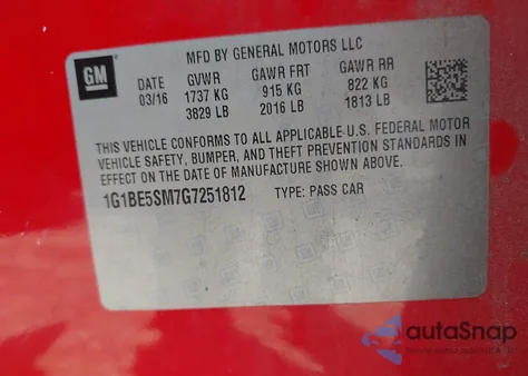 2016 Chevrolet Cruze Lt Auto z USA, uszkodzony, nr VIN 1G1BE5SM7G7251812